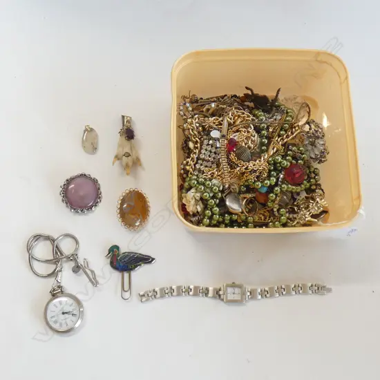 BOX LOT COSTUME JEWELLERY, WATCHES, HARES FOOT BROOCH ETC