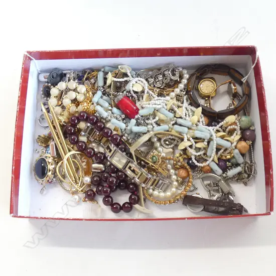 BOX OF COSTUME JEWELLERY, WATCHES ETC