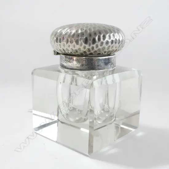 FACET CUT GLASS INK BOTTLE WITH HAMMERED SILVER PLATE LID  H75MM