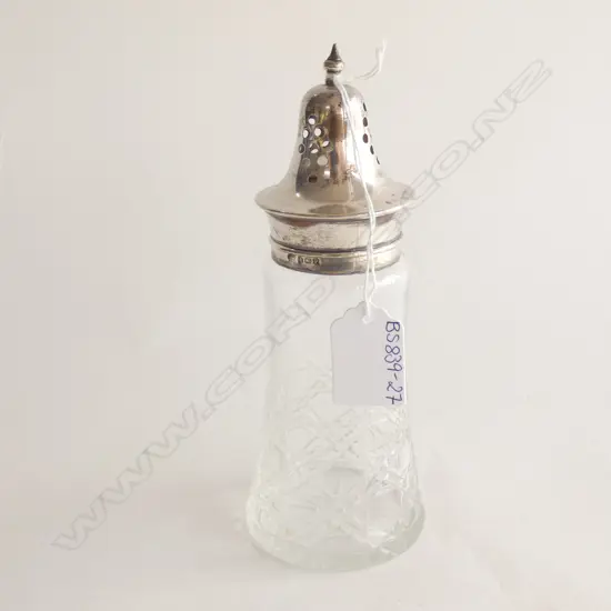 STG SILVER & CUT GLASS SUGAR SIFTER H. 185MM BIRMINGHAM 1914/39 