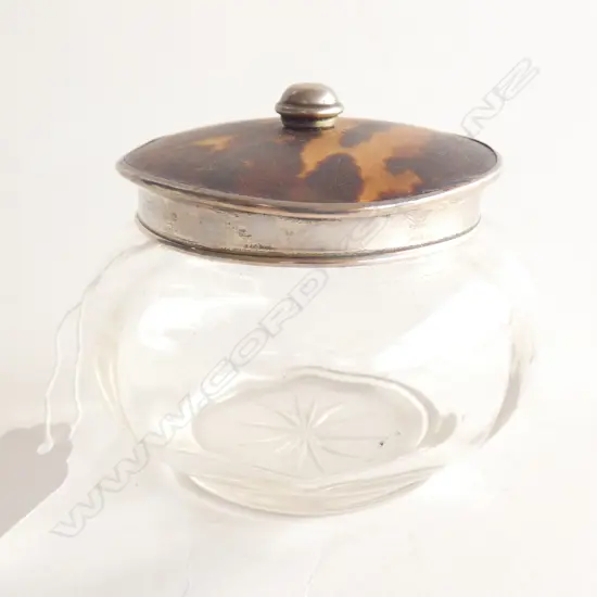 STG SILVER & TORTOISESHELL LIDDED GLASS DRESSING TABLE CONTAINER C 1894 DIA 95MM