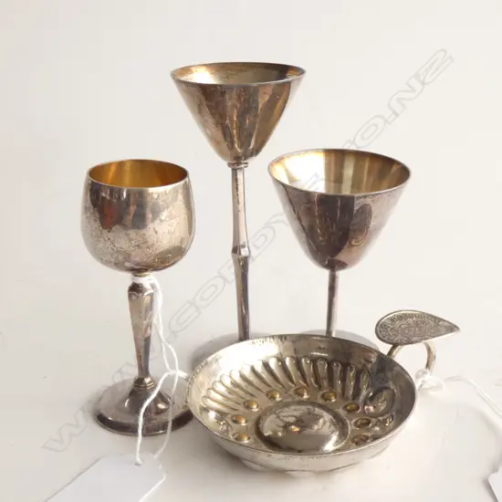OLD SILVER PLATE; WINE TASTING CUP + 3 ASST SM STEMMED CUPS