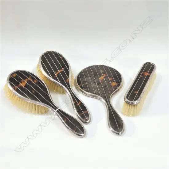 STG SILVER & TORTOISESHELL 4 PC DRESSING TABLE SET; 2 HAIR BRUSHES / MIRROR & CLOTHES BRUSH BIRMINGHAM 1922