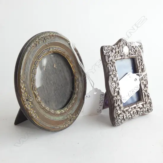 2 ANTIQUE PHOTO FRAMES; 1 STG SILVER (90 X 65MM) BIRMINGHAM 1801 + ROUND METAL FRAMED DIA 100MM