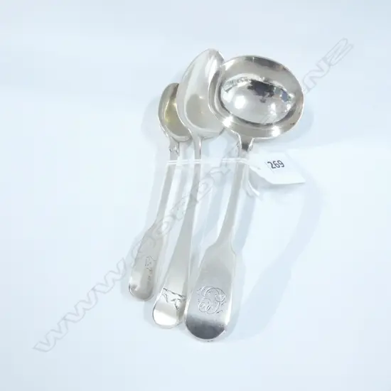 STG SILVER; TEASPOON, DESSERTSPOON & SAUCE LADLE - VARIOUS HALLMARKS C1800'S  110GMS 