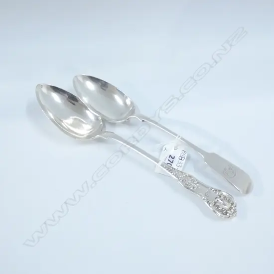 2 STG SILVER TABLESPOONS BOTH LATE 1800'S 157GMS