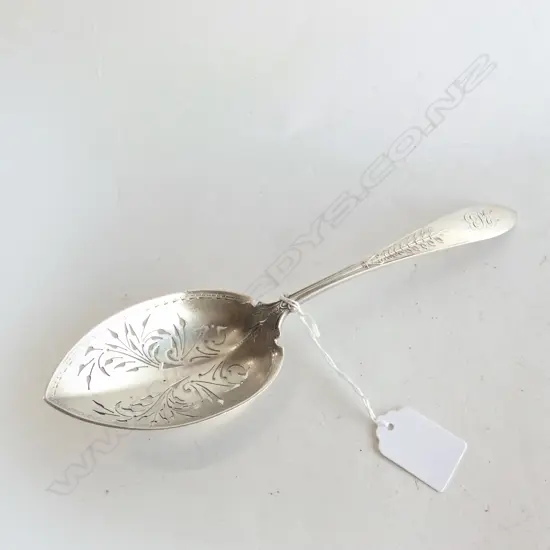STERLING SILVER DECORATIVE SLOTTED SERVING SPOON - L 250MM 83GMS 