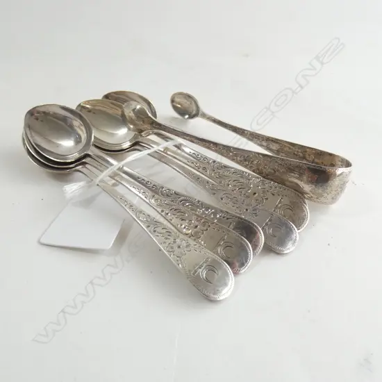 SET 6 STG SILVER COFFEE SPOONS & SUGAR TONGS  SHEFFIELD 1946 78GMS