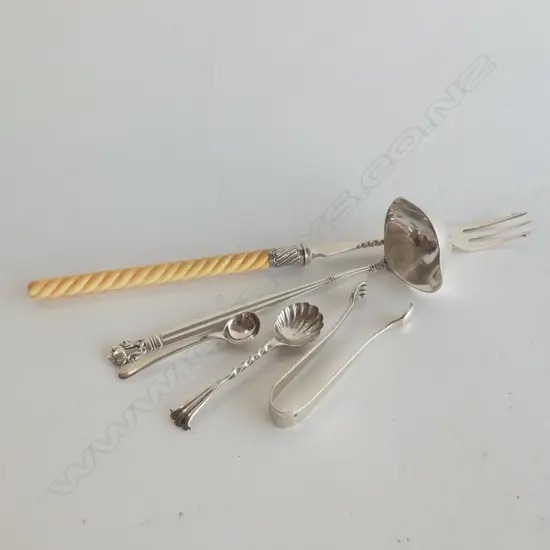 BAG STG SILVER; SAUCE LADLE / SUGAR TONGS / 2 MUSTARD SPOONS & PICKLE FORK W BONE HANDLE  