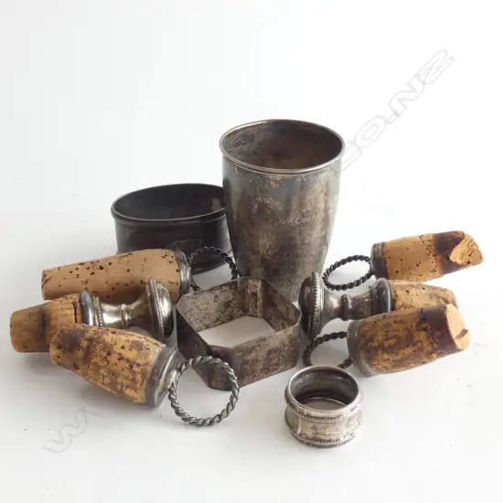 BAG SILVER PLATE - 6 WINE STOPPERS W CORKS / SERVIETTE RINGS / CUP