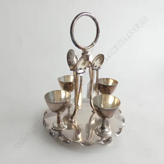 VINTAGE SILVER PLATE EGG CRUET SET; TRAY, 4 EGG CUPS & SPOONS 