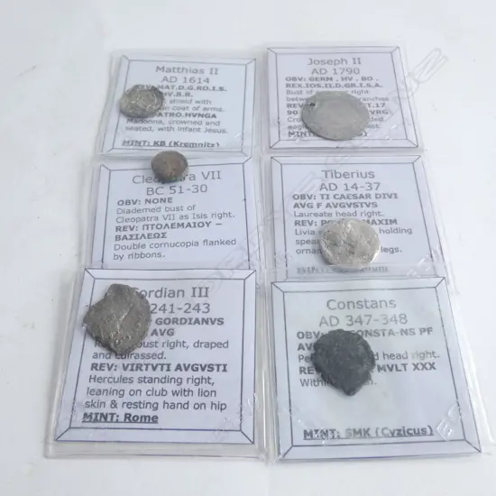 6 ANTIQUE A.D. COINS; ROME / VIENNA ETC. ALL W COVER SLEEVES & DESCRIPTIONS