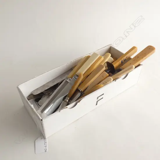 BOX LOT ASST BONE & FAUX BONE HANDLED KNIVES ETC..