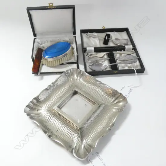  BLUE GUILLOCHE ENAMEL SM BRUSH & COMB SET (IN BOX) SILVER PLATE DISH & 4 PC SUGAR CUTLERY SET
