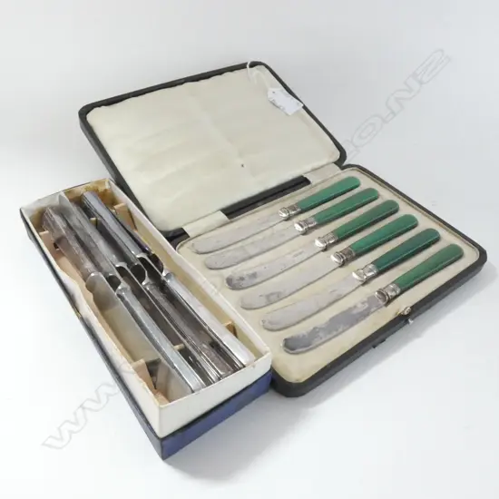 SET 6 VINTAGE PATE KNIVES; GREEN HANDLES + 6 STAINLESS STEEL VINTAGE KNIVES (BOTH SETS IN ORIGINAL BOXES)