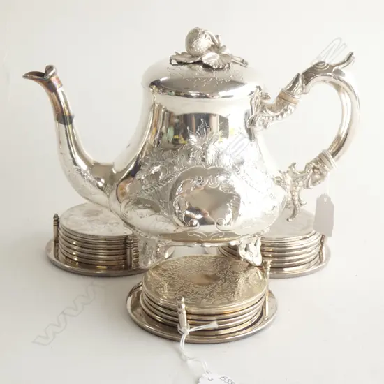 ORNATE SILVER PLATE TEAPOT H. 200MM + 3 SETS SILVER PLATE COASTERS WITH HOLDERS 