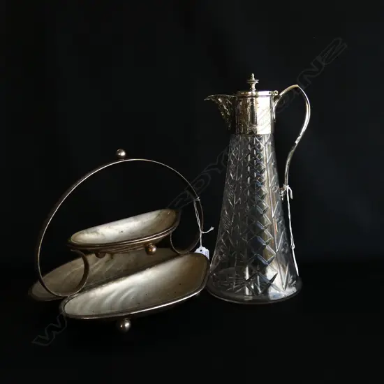 CUT CLASS & SILVER PLATE CLARET JUG H. 265MM + 3 SECTION GLASS & EP SHELL SHAPED DISH W HANDLE