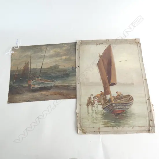 2 VICTORIAN UNFRAMED OIL ON CANVAS BOAT SCENE A.F