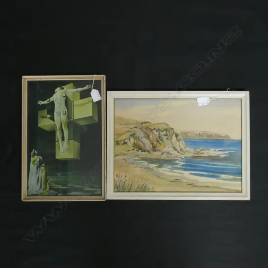 BEACH SCENE WATER COLOUR SIGNED THELMA GREEN 360 X 270MM + CONTEMPORARY RELIGIOUS PRINT JESUS ON CROSS 