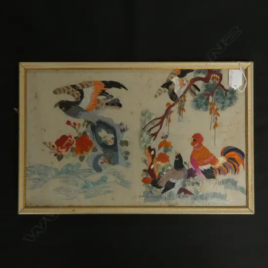 ORIENTAL SILK FRAMED EMBROIDERY OF BIRDS 400 X 265MM