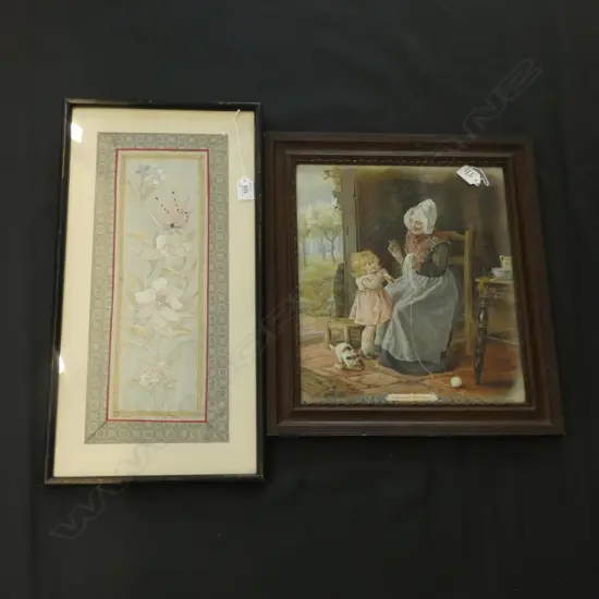 FLORAL SILK EMBROIDERY 470 X 190 + GRANNIES PORTRAIT PRINT 370 X 320MM