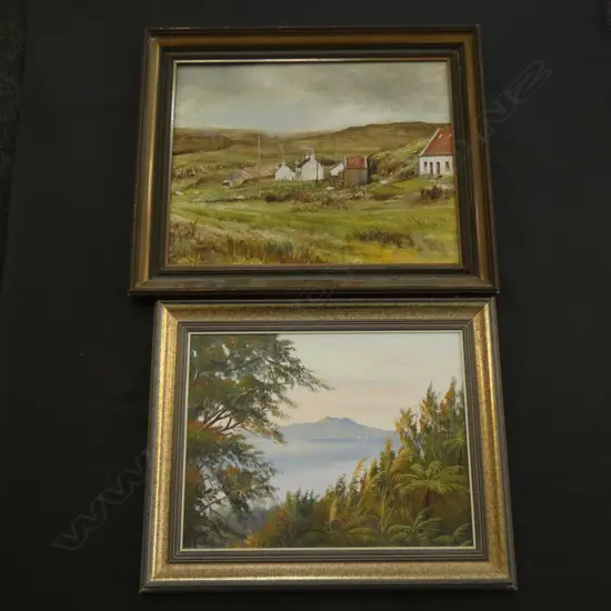 2 OIL ON CANVAS - FARM SCENE & MOUNTAIN VIEW - LGEST 390 X 500MM