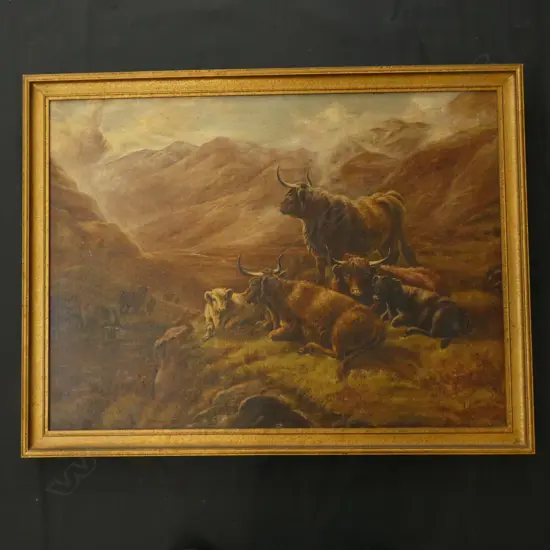 OIL ON CANVAS COWS ON A HILL - ILLEGIBLE SIGN. 500 X 670MM