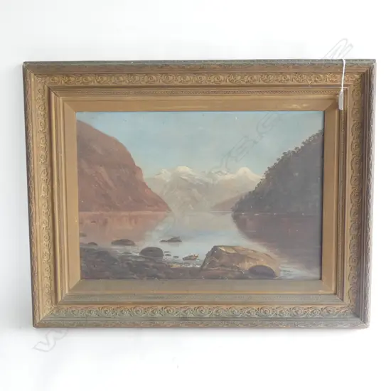 OLD DECORATIVE FRAMED OIL ON CANVAS - LAKE & MOUNTAIN SCENE 500 X 350MM (SMALL HOLE IN CANVAS)