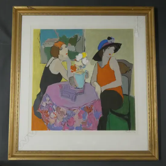  ITZCHAK TARKAY SERIGRAPH PRINT A/P "2 WOMEN AT A TABLE" 730 x 710 GILT FRAME