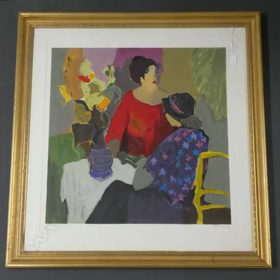  ITZCHAK TARKAY SERIGRAPH PRINT 222/300  "2 WOMEN AT A TABLE WITH FLOWERS" 730 x 730 GILT FRAME