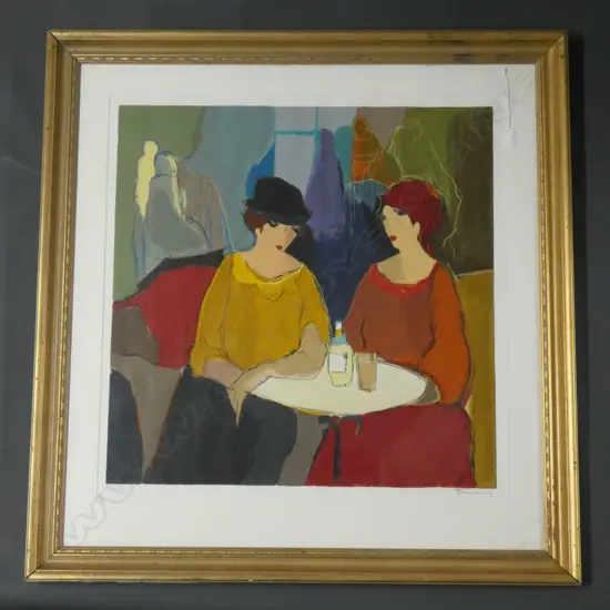  ITZCHAK TARKAY SERIGRAPH PRINT 162/300  "2 WOMEN AT A CAFE TABLE" 750 x 730 GILT FRAME