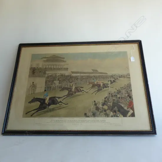 FRAMED CHROMOLIHOGRAPH LIVERPOOL GRAND STEEPLECHASE 1839 850 X 600 MM SOME MARKS
