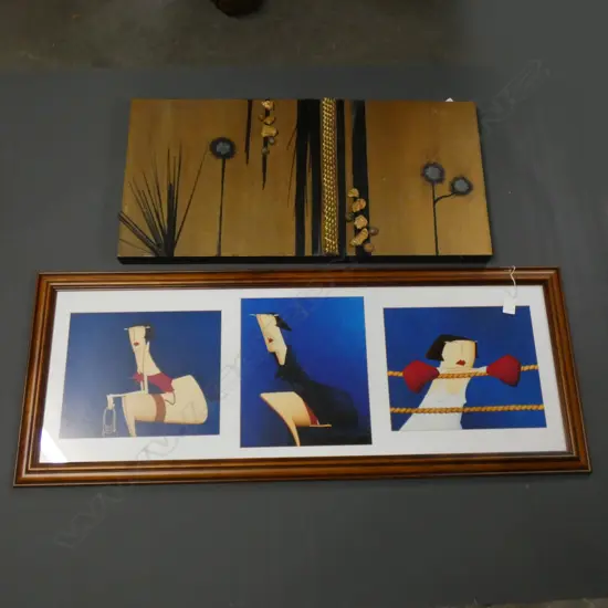 CONTEMPORARY ART; TRIPTYCH PRINT 3 LADIES ( 920 X 300MM) & MIXED MEDIA ON CANVAS (760 X 380MM)