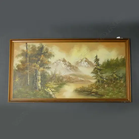 LG OLD OIL MOUNTAIN SCENE PAINTING 580 X 1190MM