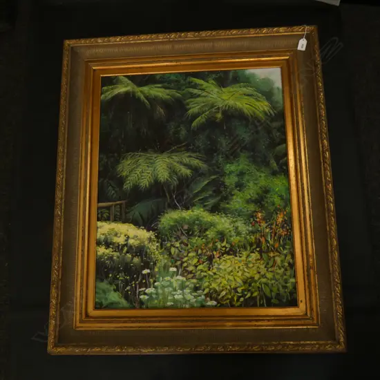 OIL ON BOARD IN GILT FRAME - FOREST /FERN SCENE  740 X 590MM  Ex Sultan of Brunei