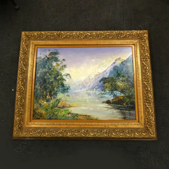 VERY LG GILT FRAMED OIL ON BOARD MOUNTAIN / LAKE SCENE 740 X 1000MM ...Ex Sultan of Brunei