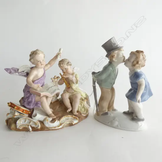 MEISSEN CHERUBS WITH MUSICAL INSTRUMENTS (H 130MM)(A/F) & GERMAN FIGURE; KISSING COUPLE (H 160MM)