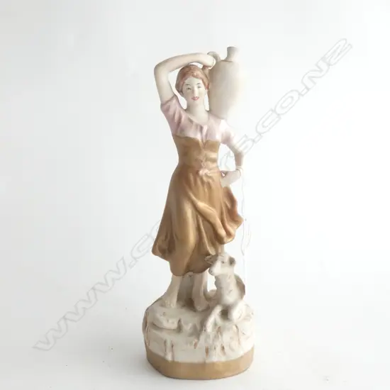 VINTAGE ROYAL DUX  SEMI GLAZED WATER CARRIER GIRL WITH SHEEP H. 240MM