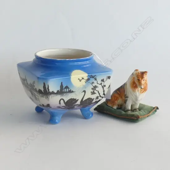 VINTAGE PORCELAIN; BORDER COLLIE ON VELVET CUSHION (H 90MM) & HANLEY ART DECO 'MOONLIGHT' VASE C1920'S H. 125MM