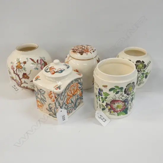 MASON IRONSTONE 2 LIDDED TEA CADDYS & 3 JARS VARIOUS PATS