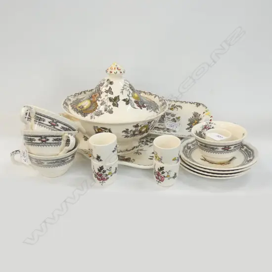 MASON IRONSTONE TURREEN 2 SANDWICH PLATES FRUIT BASKET PAT 4 C/S & 5 EGG CUPS MANCHU PAT