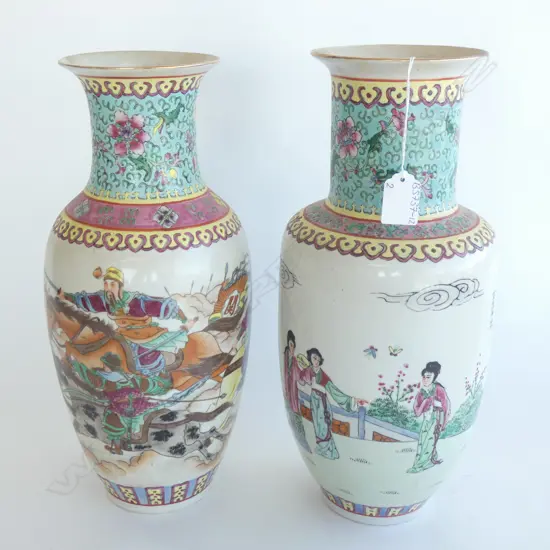 PR TALL ORIENTAL VASES; FAMILLE ROSE NECK - DIFFERENT ORIENTAL SCENES TO BODY H. 370MM