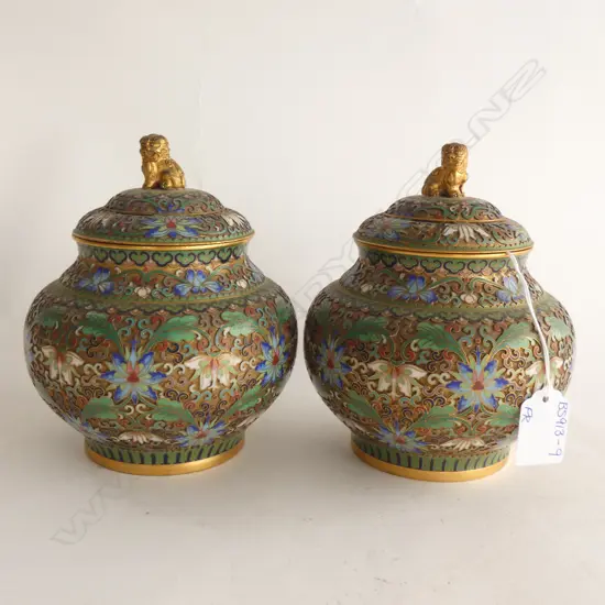 PR CLOISONNE LIDDED JARS WITH FOO DOG HANDLES H. 175MM