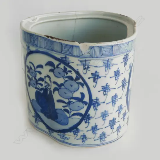 PORCELAIN BLUE AND WHIE JAR TRIANGULAR SECTION A/F H 140 MM