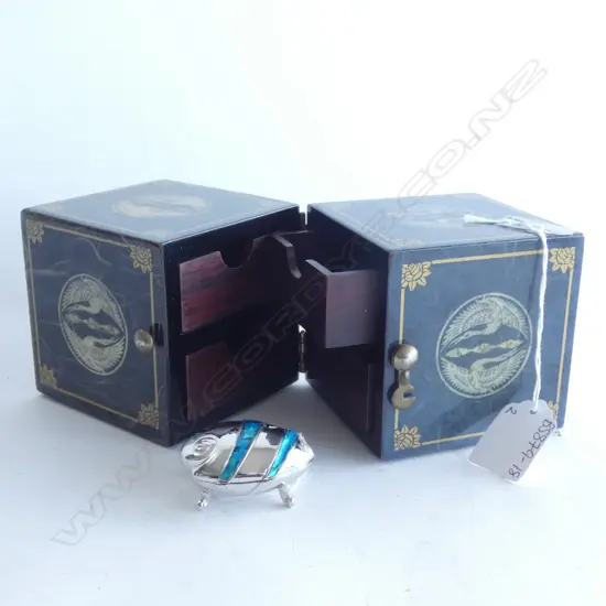 BLACK LACQUER 2 SECTION JEWELLERY BOX WITH DRAWERS L 170MM + SILVER PLATE & ENAMEL TRINKET BOX L47MM