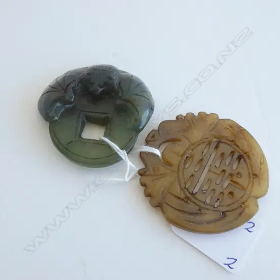 2 CHINESE JADE PENDANTS. GREEN COIN & BAT....