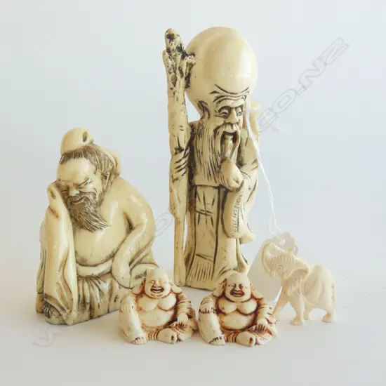 5 PCS FAUX IVORY ORIENTAL PCS; BUDDHA ETC.. TALLEST H. 130MM