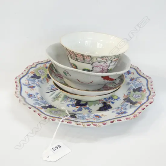 OLD ORIENTAL CHINA; PLATE (DIA 260MM) PR FAMILLE ROSE DISHES & 2 SM BOWL 