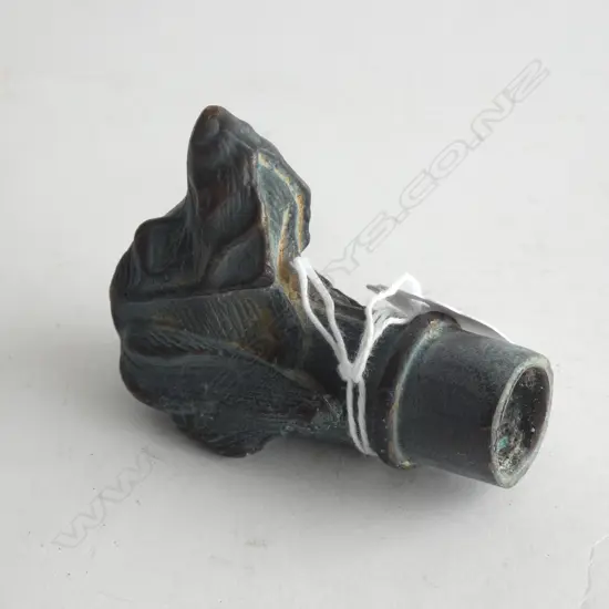 VINTAGE GREEN PATINA BRASS DOGS HEAD WALKING STICK END