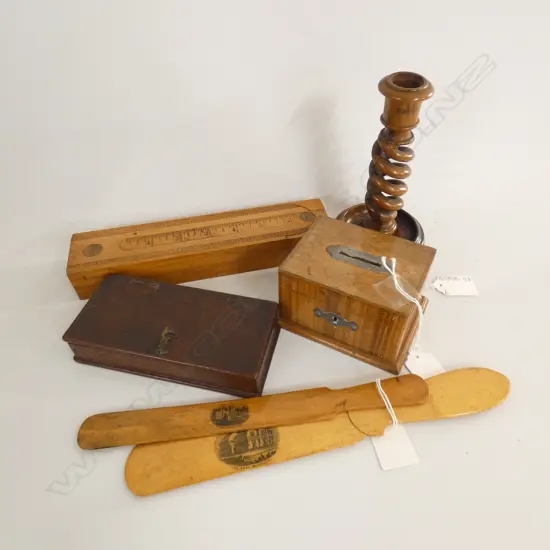 ASST VINTAGE WOODEN WARE; BARLEY TWIST CANDLE HOLDER / SLIDE RULE / LETTER OPENERS ETC..